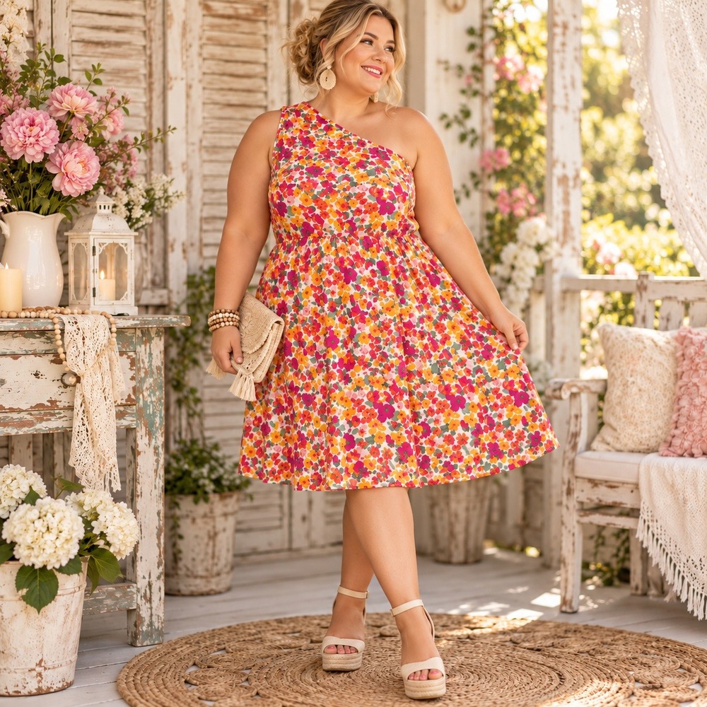 Shein Curve 1XL Floral One Shoulder Midi Dress Orange Pink Summer Boho
